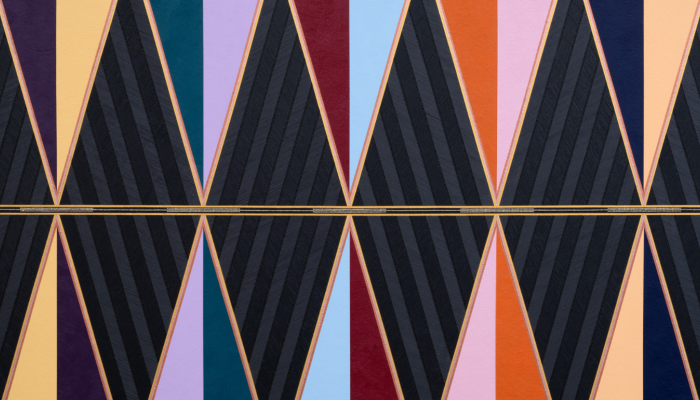 Artwork by Dyani White Hawk depicting a series of black triangles against a multicolored ground.