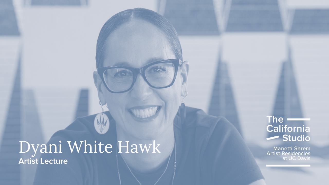 Blue and grey duotone image of Dyani White Hawk. California Studio logo at lower right corner and artist name at lower left