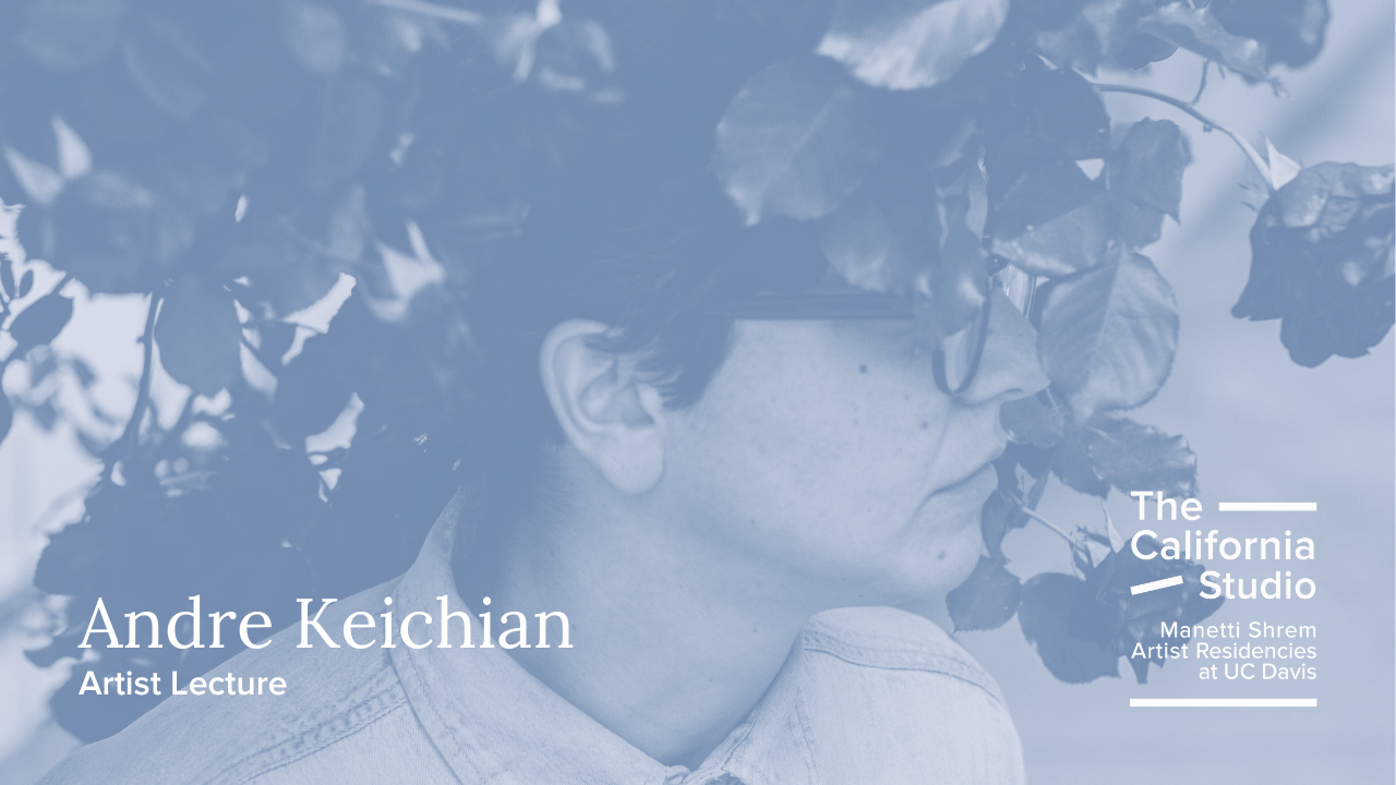 Blue and grey image of artist Andre Keichian. California Studo logo at lower right corner. Artist name in lower left