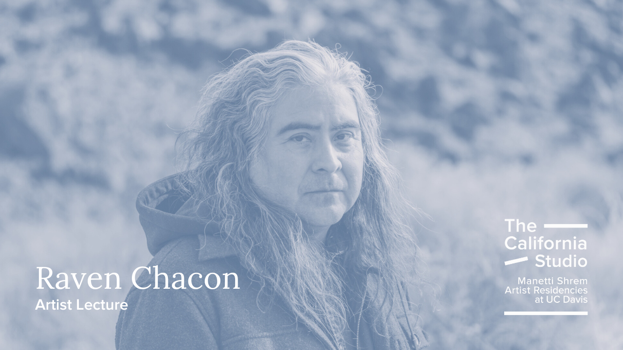 Blue and grey duotone image of the artist Raven Chacon. California Studio logo in lower right and artist's name in lower left