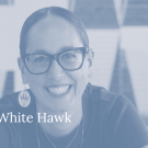 Blue and grey duotone image of Dyani White Hawk. California Studio logo at lower right corner and artist name at lower left