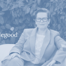 Anne Ellegood portrait in blue duotone