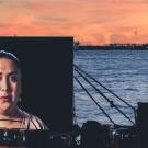 Shimon Attie, Night Watch (Mikaela with Liberty), 2018, 20’ wide LED screen on barge in the Hudson River. Courtesy of Catharine Clark Gallery, San Francisco and Jack Shainman Gallery, New York City.
